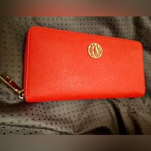 DKNY Orange Zip-Around Wallet with Gold Logo